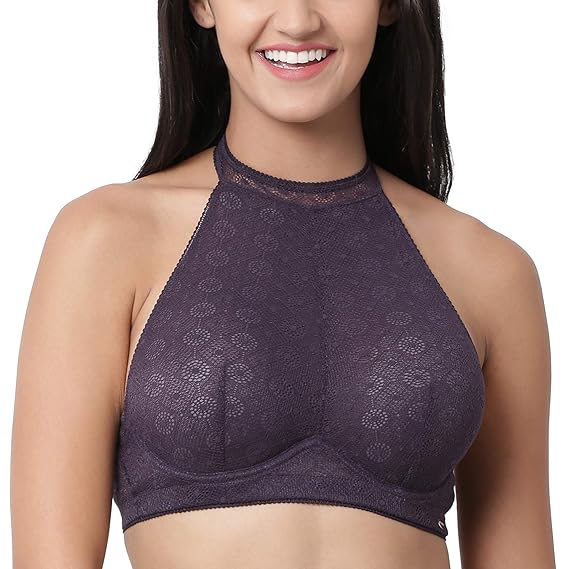 Enamor Women's Everyday Fashion Bra – Full Support, Non-Padded, Wired, Full Coverage, Halter Neck with Lace Detailing